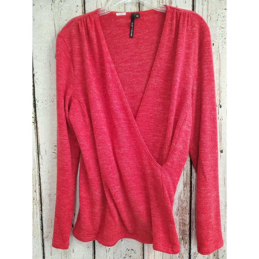 KAY CELINE Women's Medium‎ Heather Red Surplice Neckline Long Sleeve Sweater